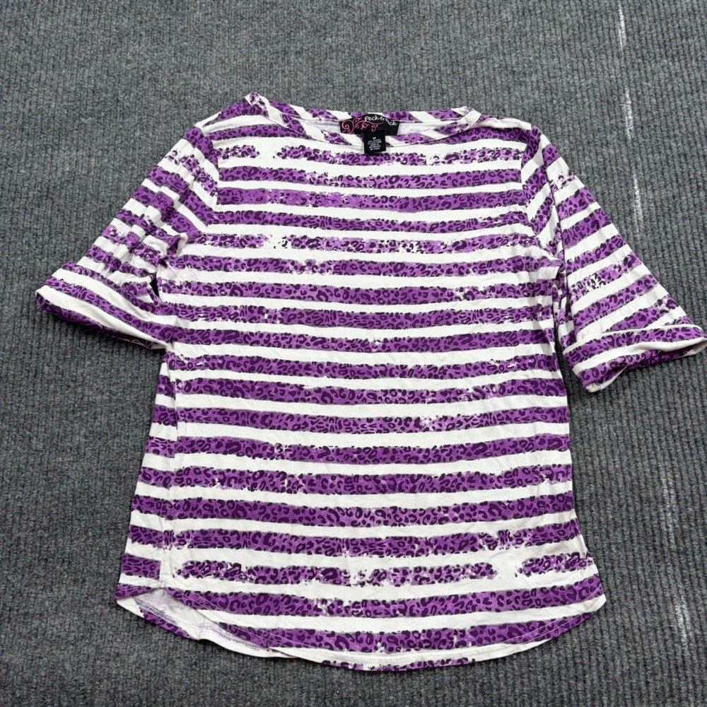 Peck & Peck Shirt Womens M Purple Animal Print Striped Boat Neck 3/4 Sleeve Top